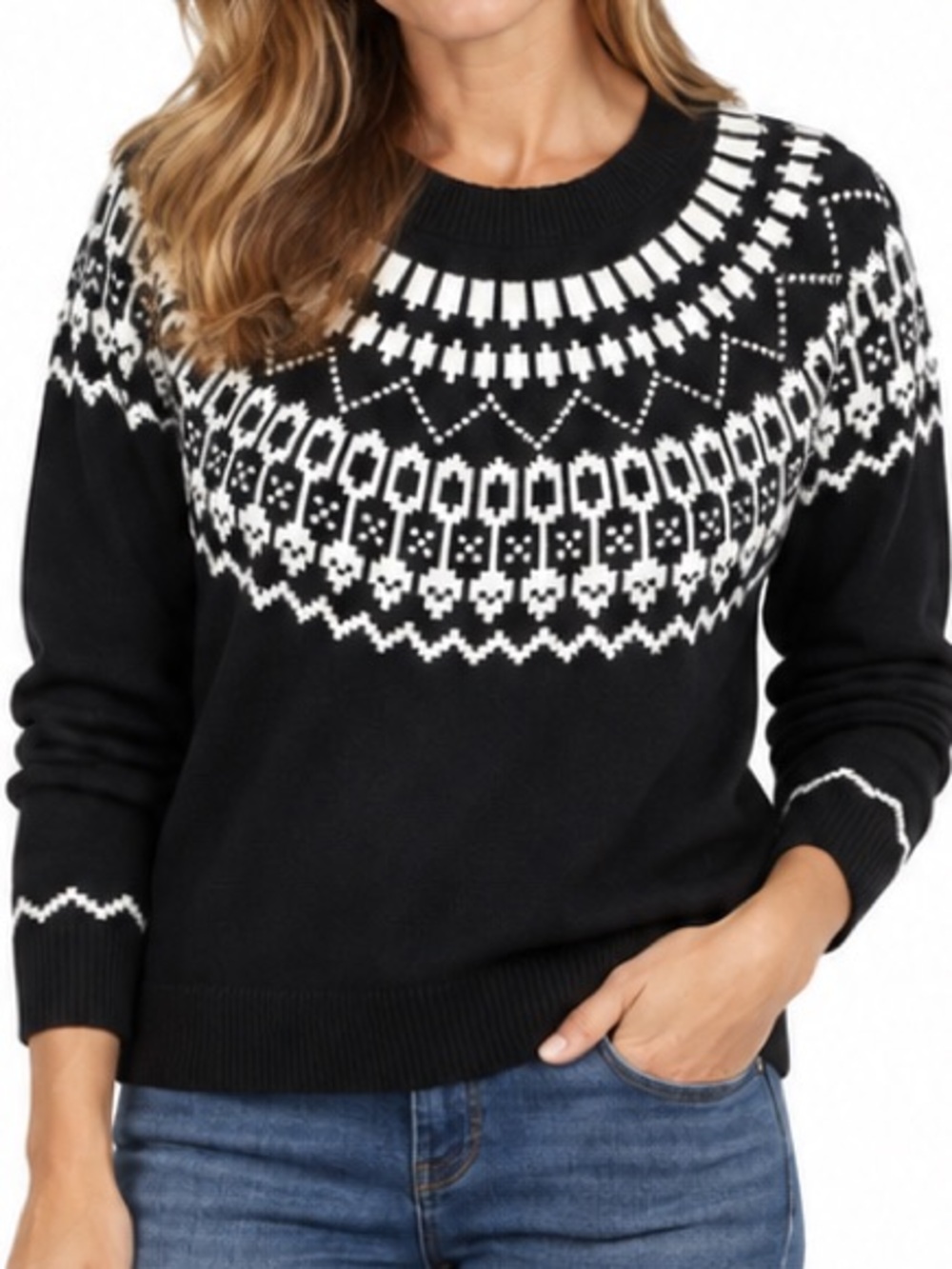 LOFT Fair Isle Nordic Sweater Black White Cotton Blend Size L